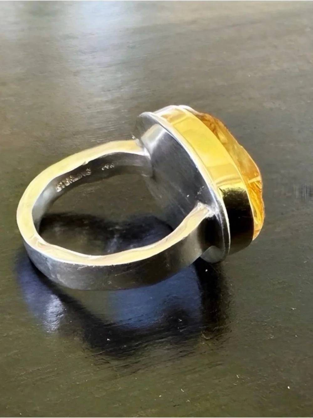 Sterling Silver & Gold Ring Yellow Citrine Slice and Diamond Accent